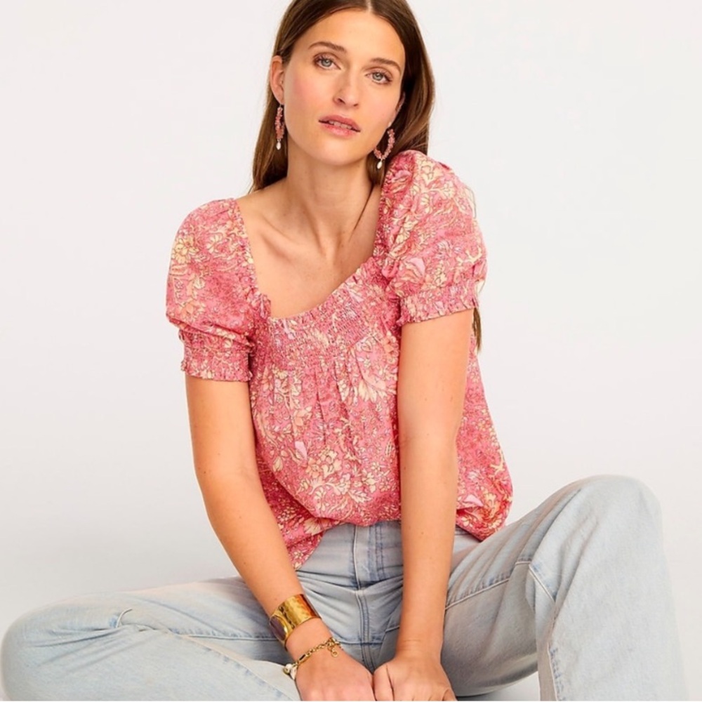 J. Crew Pink Floral square neck blouse with yellow flowers - flowy for spring 💕